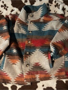 Southwest Pattern Button-Up Jacket in Teal, Rust & Cream